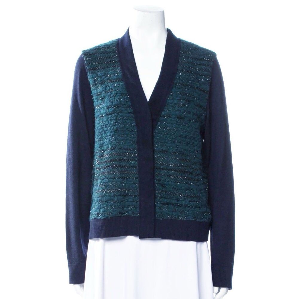 Tory Burch Knit Merino Wool Blue Cardigan Sweater‎ Jacket Pocket S Luxury Soft